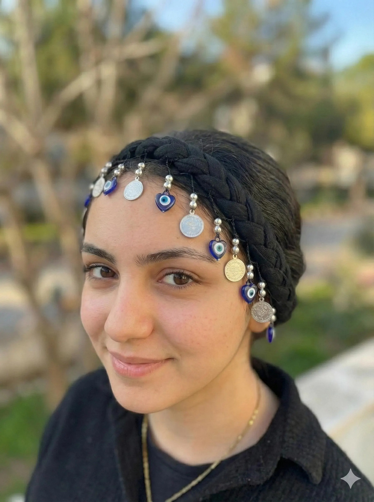 Crochet Edged Bandana Evil Eye Beads Silver Coins Cotton Handmade Unique