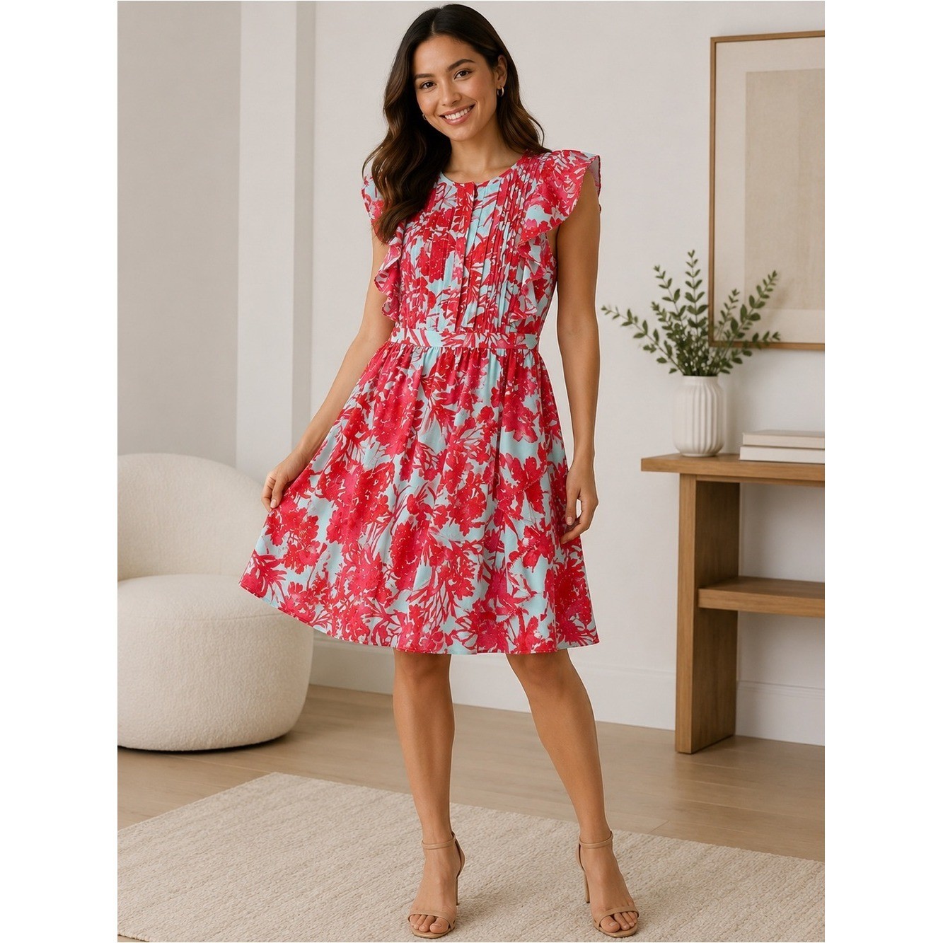 BR Sz 0 NWT Floral Ruffle Sleeve Dress Aqua Pink Fit & Flare Pockets Dressy Chic
