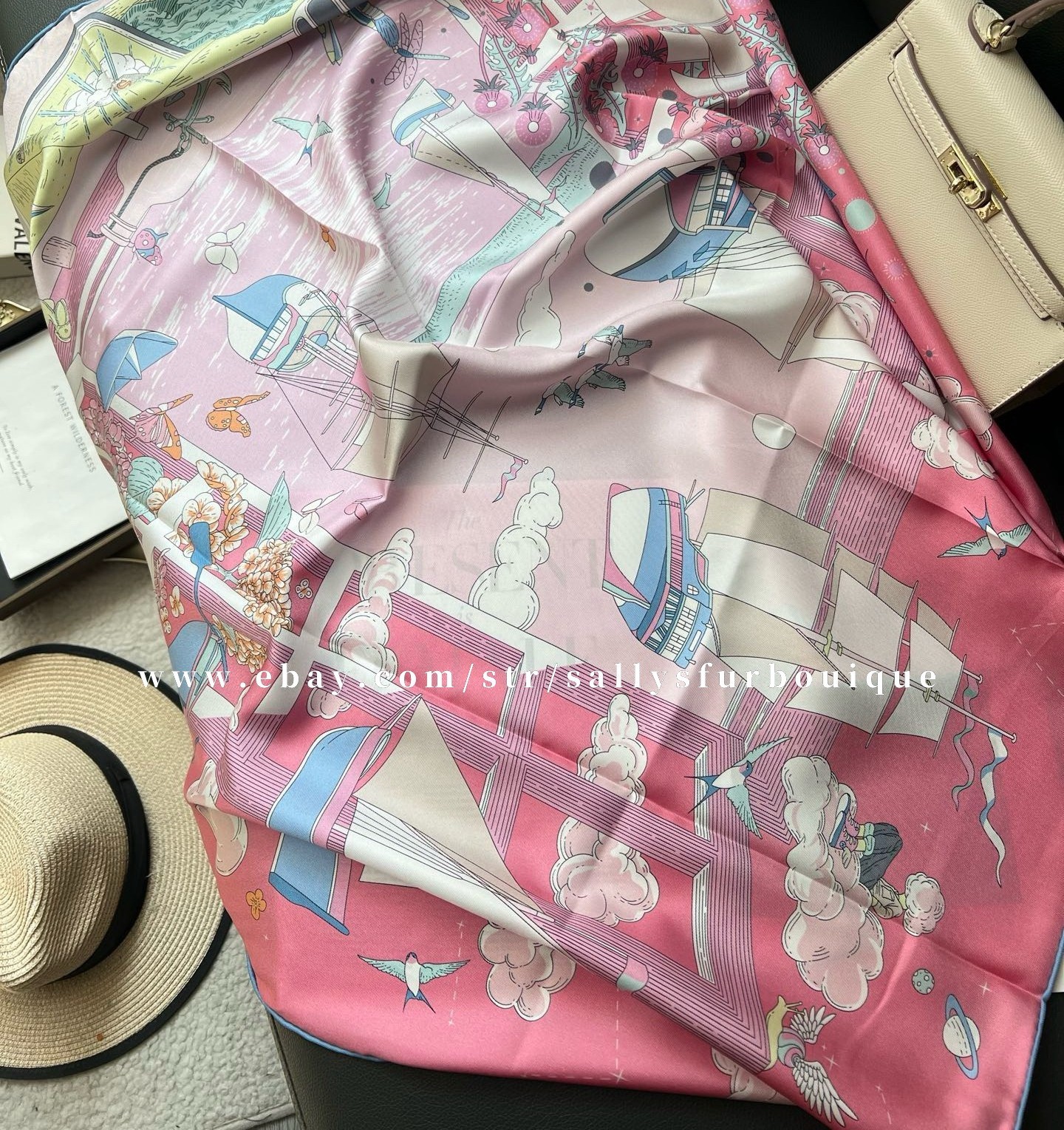 2026 Sallys Boutique 18 Momme Heavy Twill Silk Wrap Scarf Boats Print Shawl 35″
