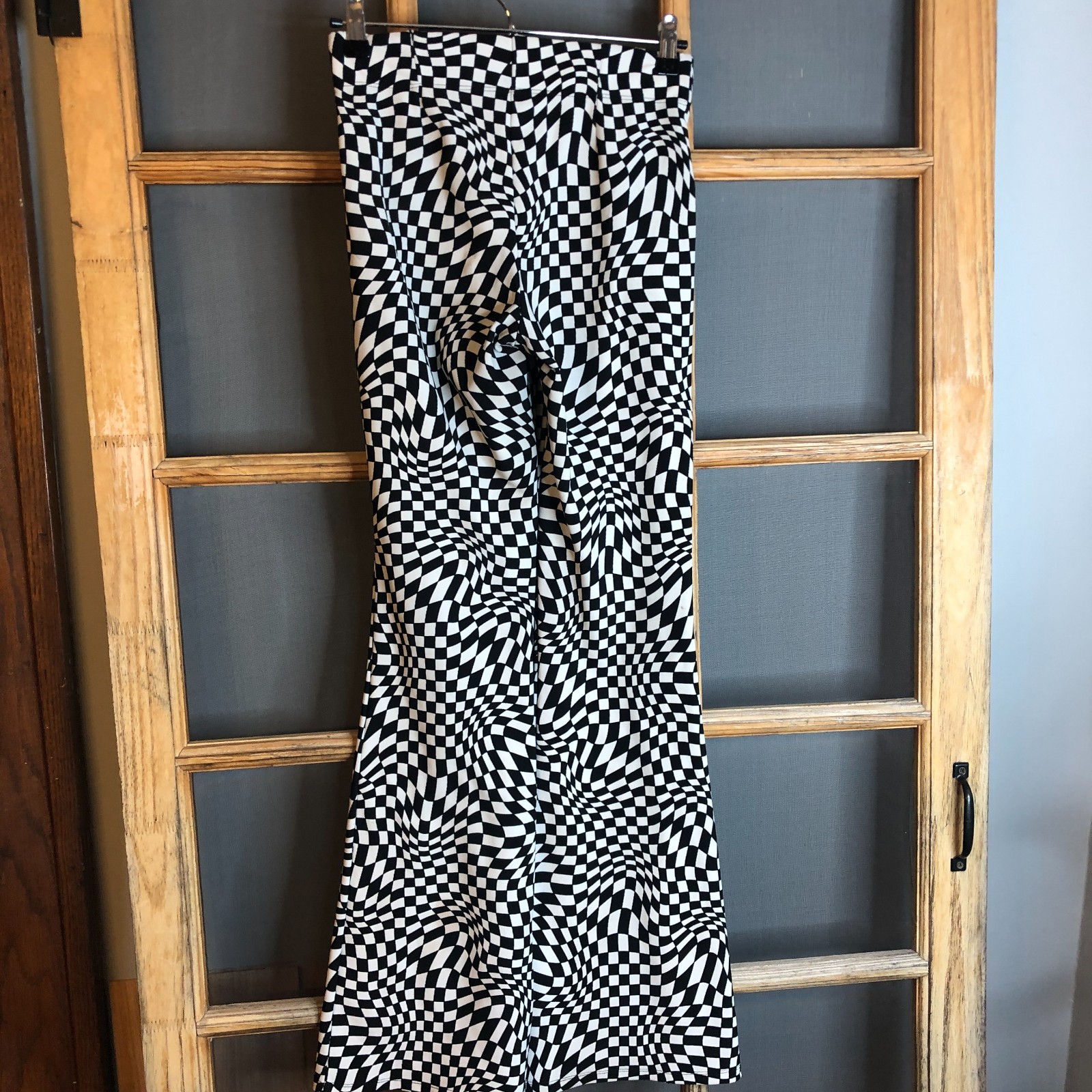 Garage Womens XS Black White Warped Checker Bell Bottom Flare Pants Disco 70s