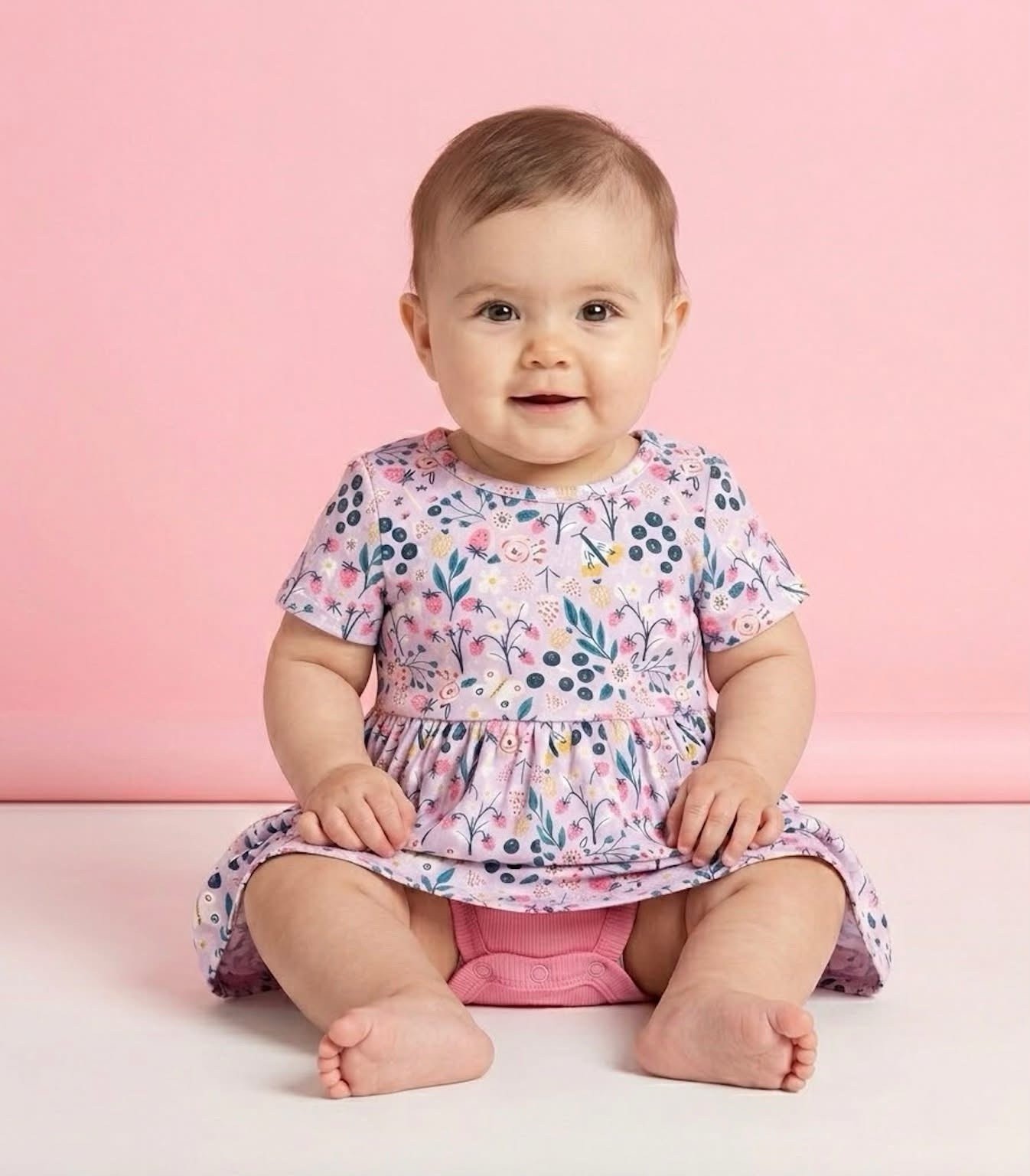 Pete and Lucy Floral Cotton Romper Bodysuit Short Sleeve Snap Bow 6-9M