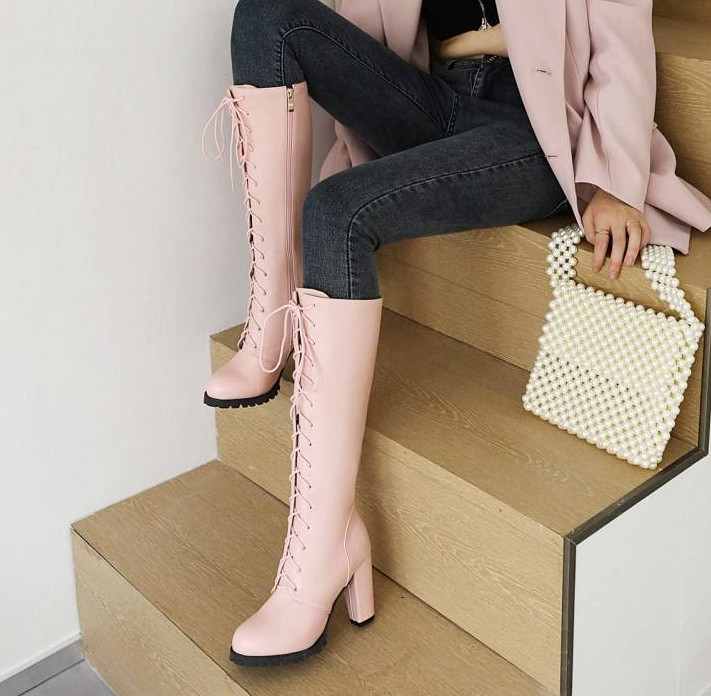 Women’s Round Toe Lace Up Knee High Boots Block Heels Side Zipper Fashion Shoes