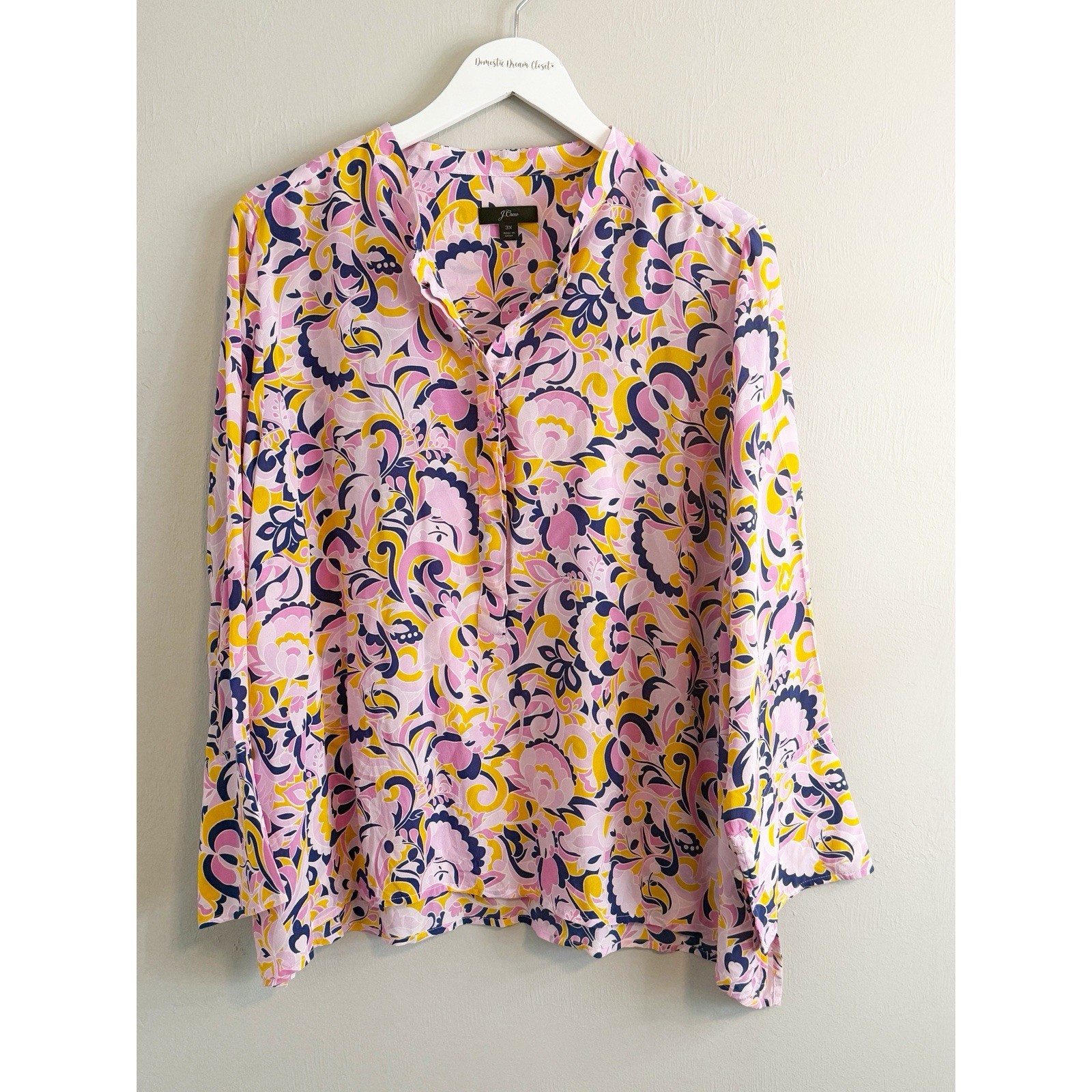 J CREW Women’s Multicolor PAISLEY SWIRL Print Silk Blouse Long Sleeve Size 3X