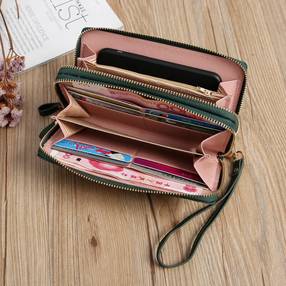 Women‘s Large Capacity Leather Wristlet Clutch Wallet Long Cell Phone Bag Zipper