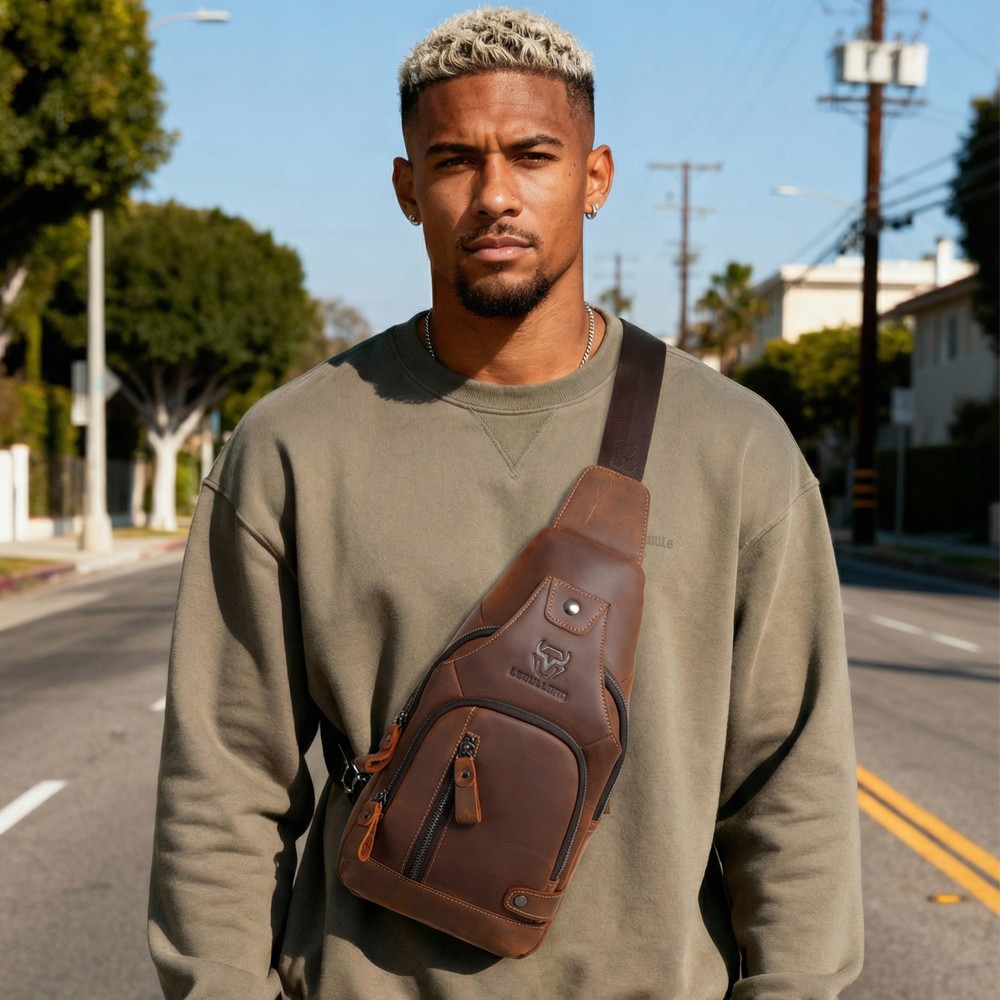 Mens Sling Backpack Cowhide Genuine Leather Chest Crossbody Shoulder Bag New
