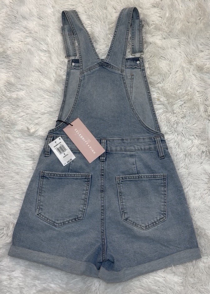 Celebrity Pink Blue Solid Denim Overall Shortall Pockets Sleeveless S