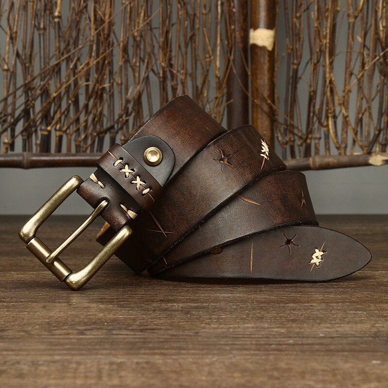 3.8CM Men High Quality Genuine Leather Belt Pin Buckle Cowskin Vintage Strap