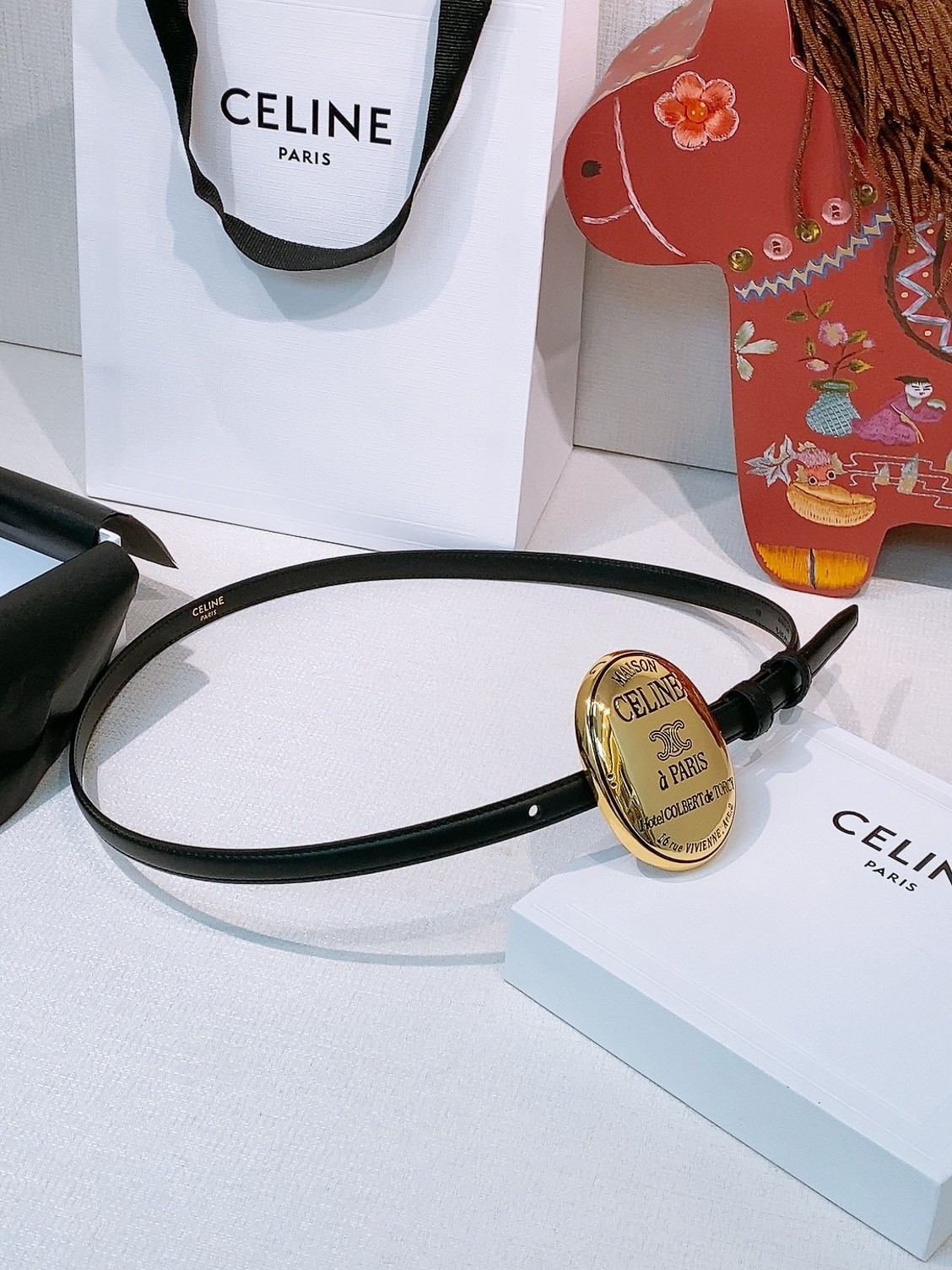Celine Triomphe Women’s Black Leather Belt with gold buckle
