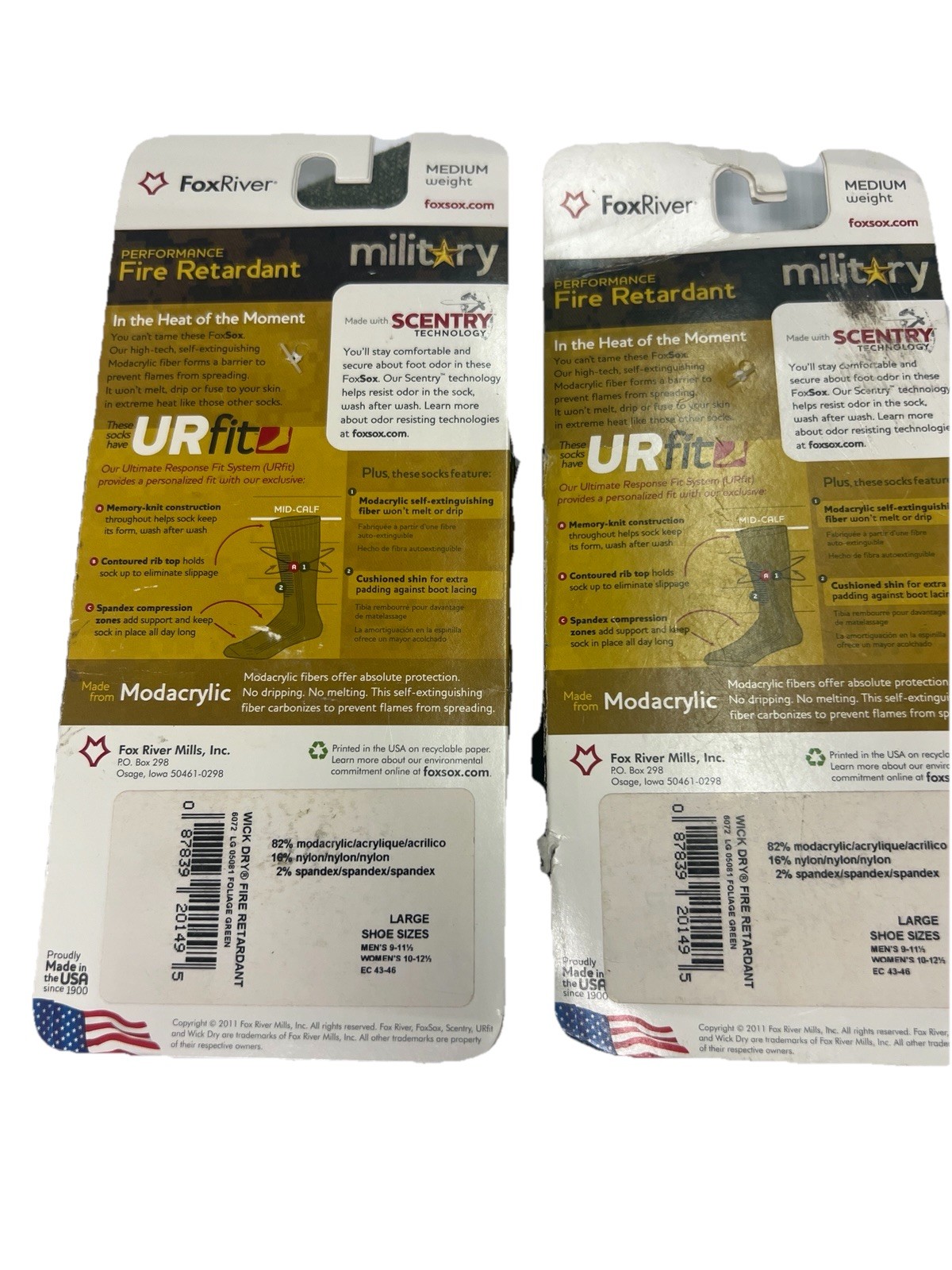 Fox RIver Military Fire Retardant FR MidCalf Sock Midweight Foliage LARGE 2pack