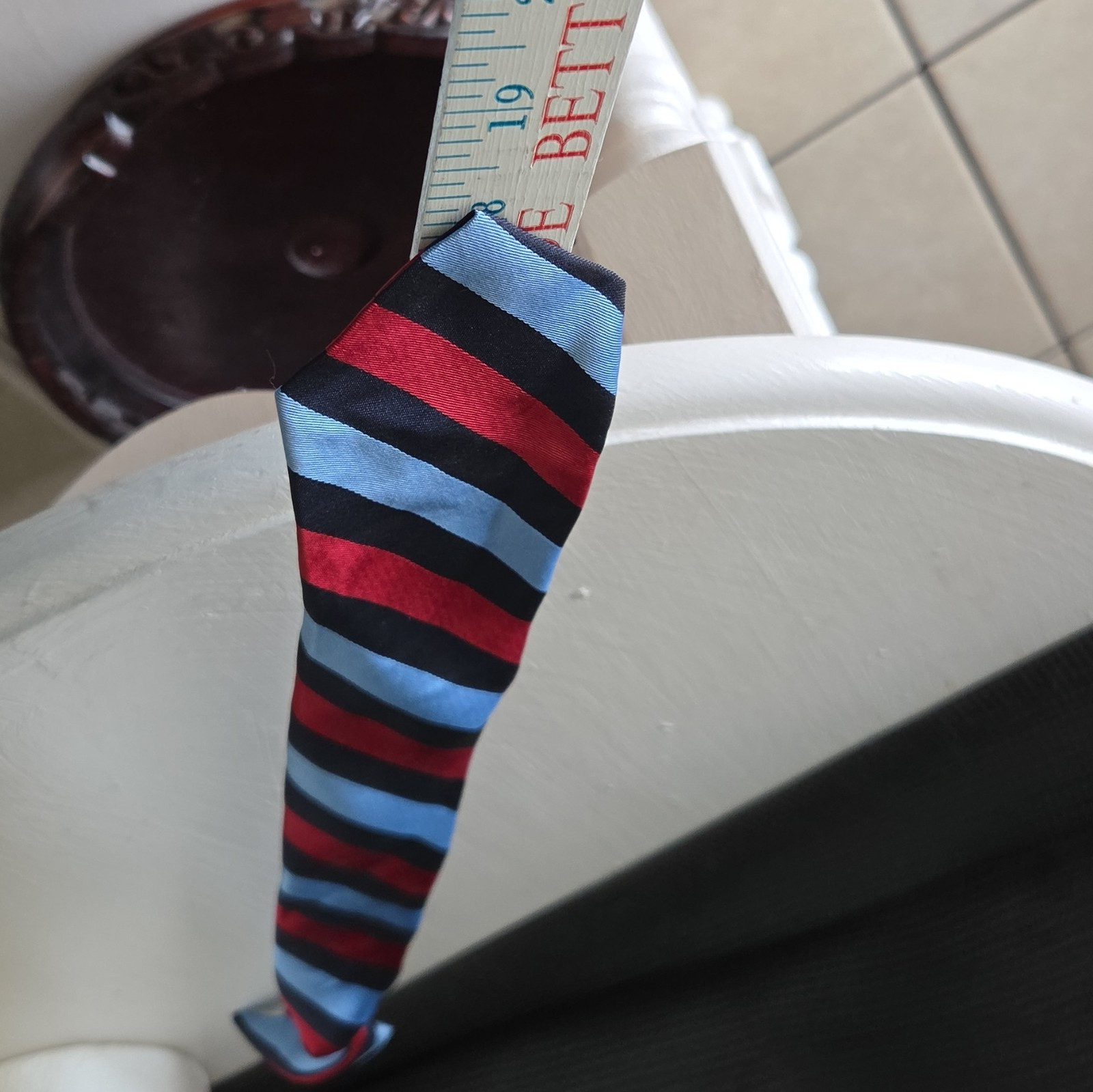George Men’s Pretied Clip-On Tie Polyester Woven Blue/Red/Black Striped
