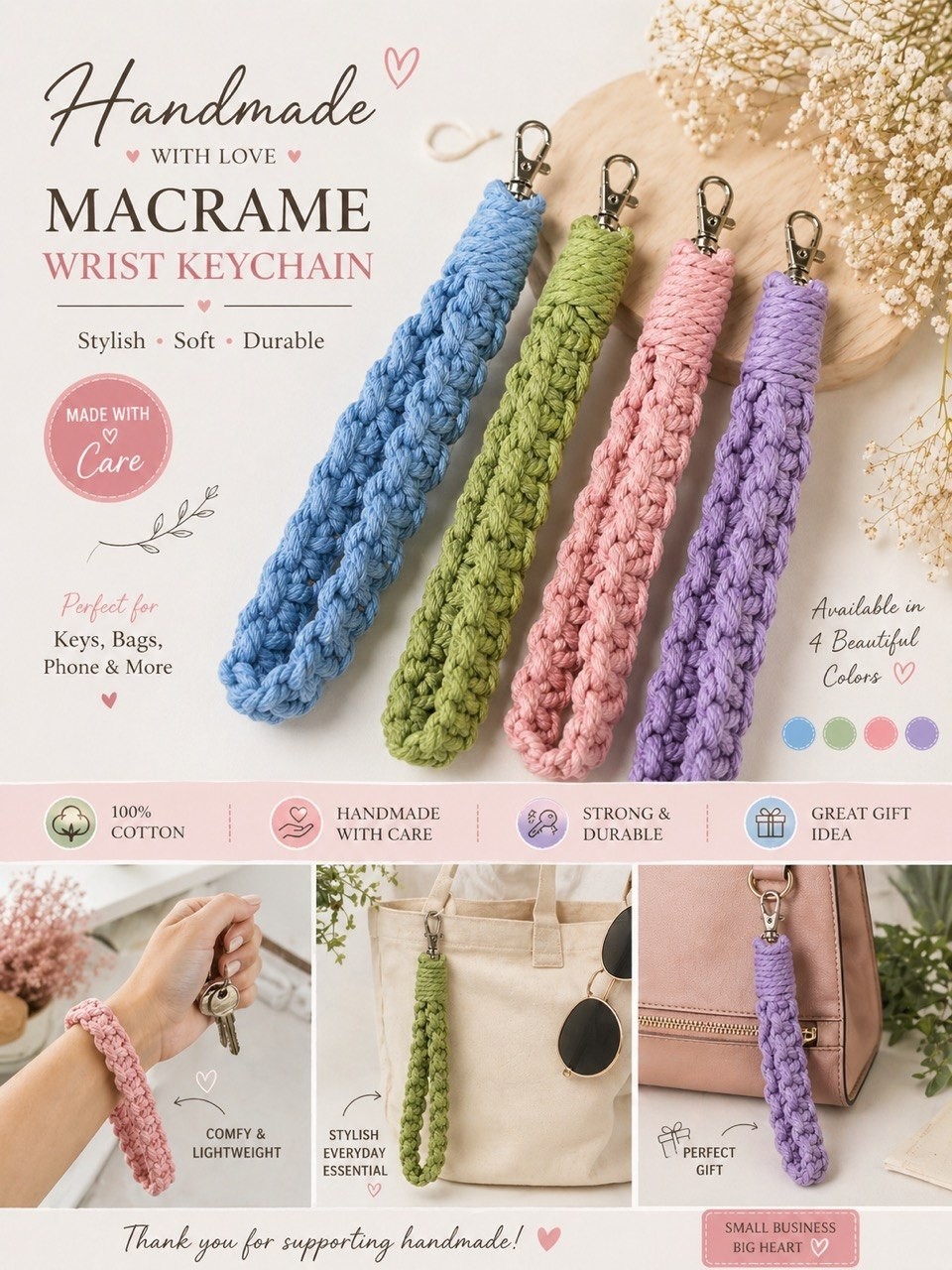 Handmade macrame wrist keychain cotton durable boho gift custom colors