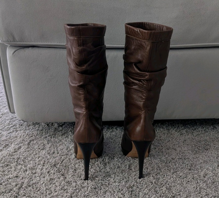 Brian Atwood Brown Leather Slouch Mid-Calf Pull-On Almond Toe Boots