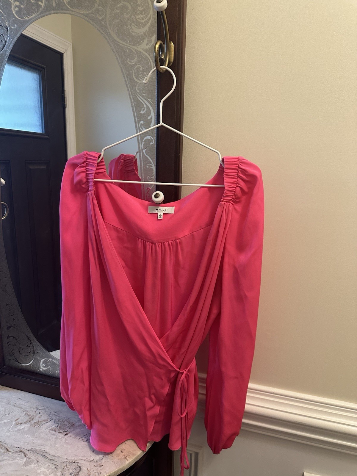 Milly Pink Satin Silk Blend V-Neck Tie Front Long Sleeve Blouse Size 6