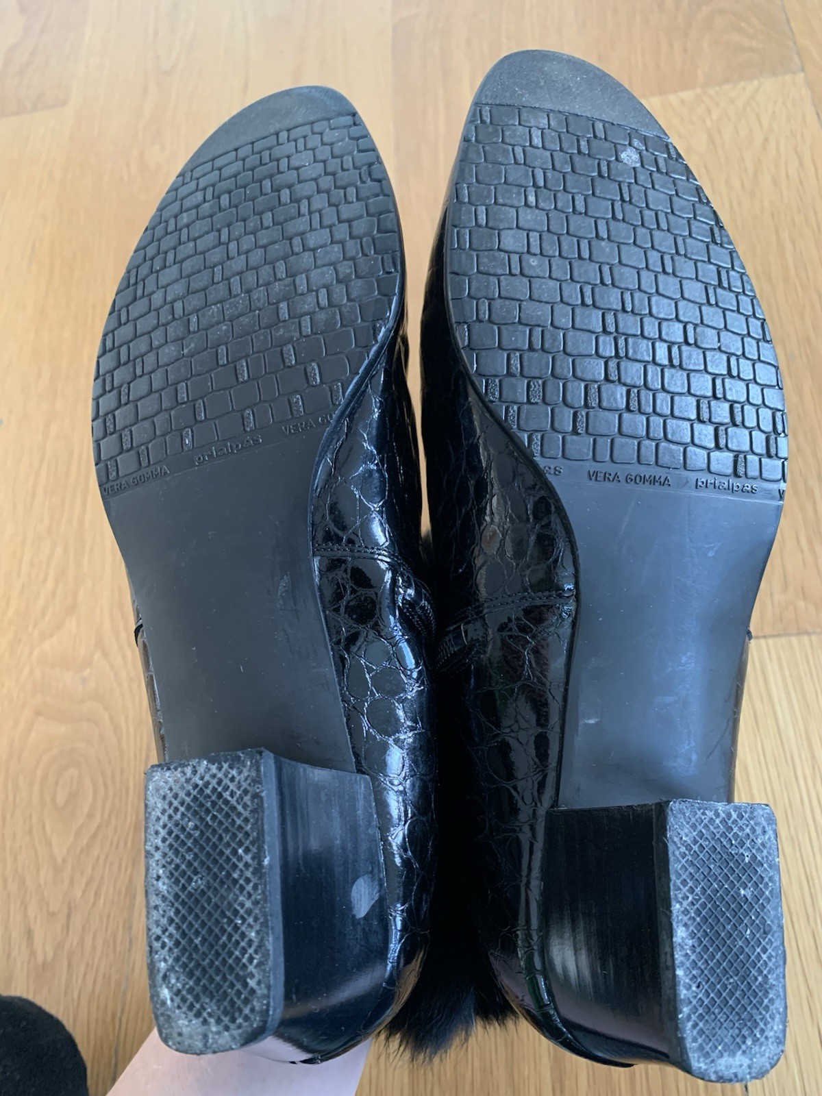 THERESIA Germany Black Patent Croc Ankle Boots Fur Trim Women’s 7.5 8 Vintage