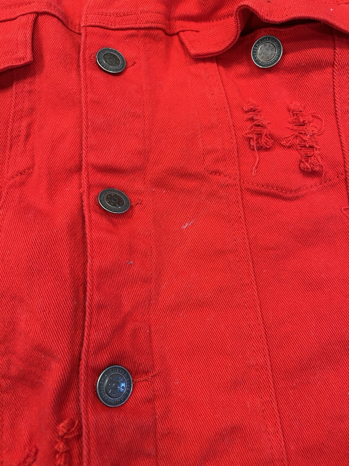 Copper Rivet Denim Jacket Mens Large L Red Distressed Ripped Jean Trucker Coat