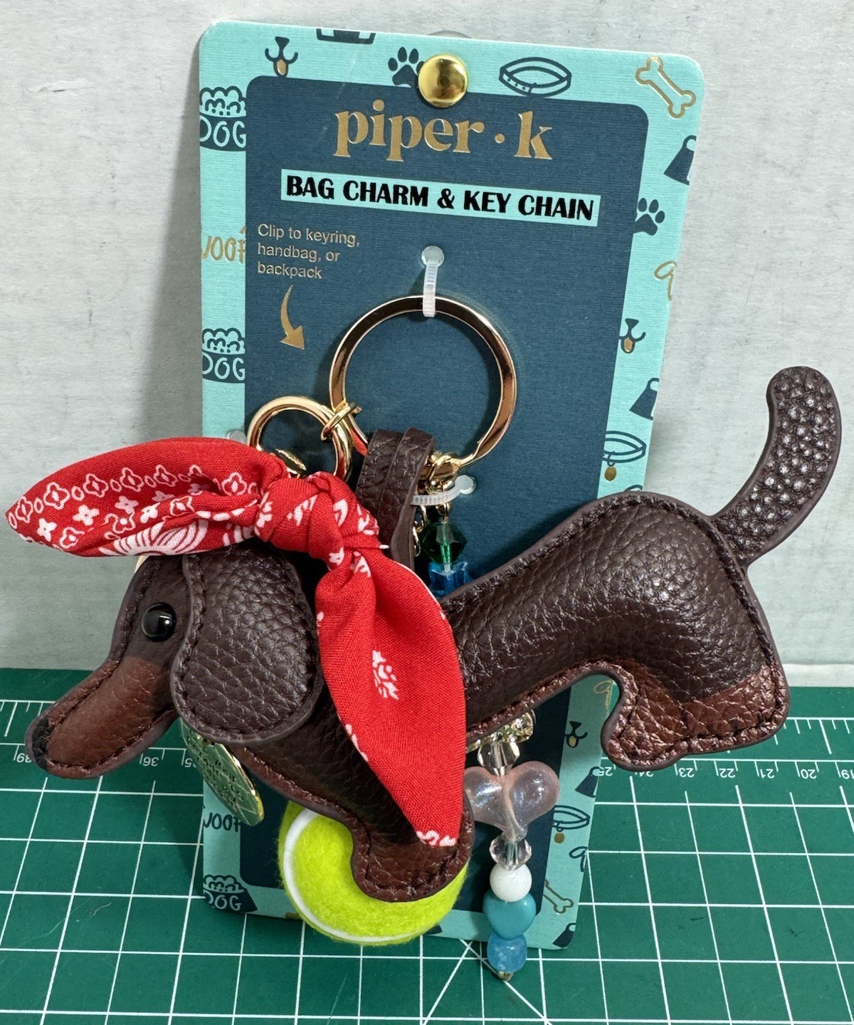 New Piper K Dachshund Keychain Bag Charm Tennis Ball Bone Red Bandara Brown Dog