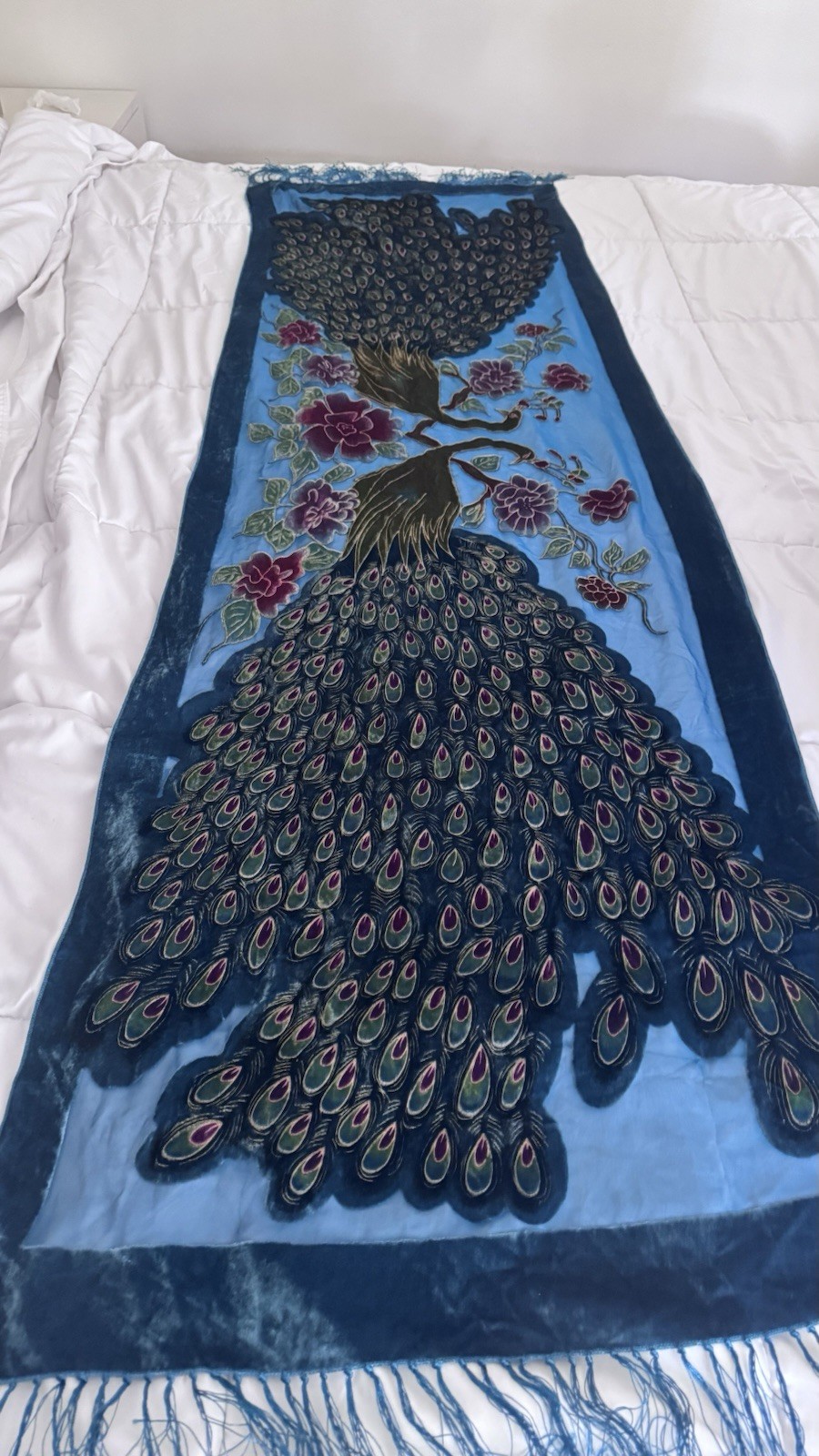 Besarani Loni Oversized Silk Satin Blue Peacock Floral Fringe Rectangle Scarf
