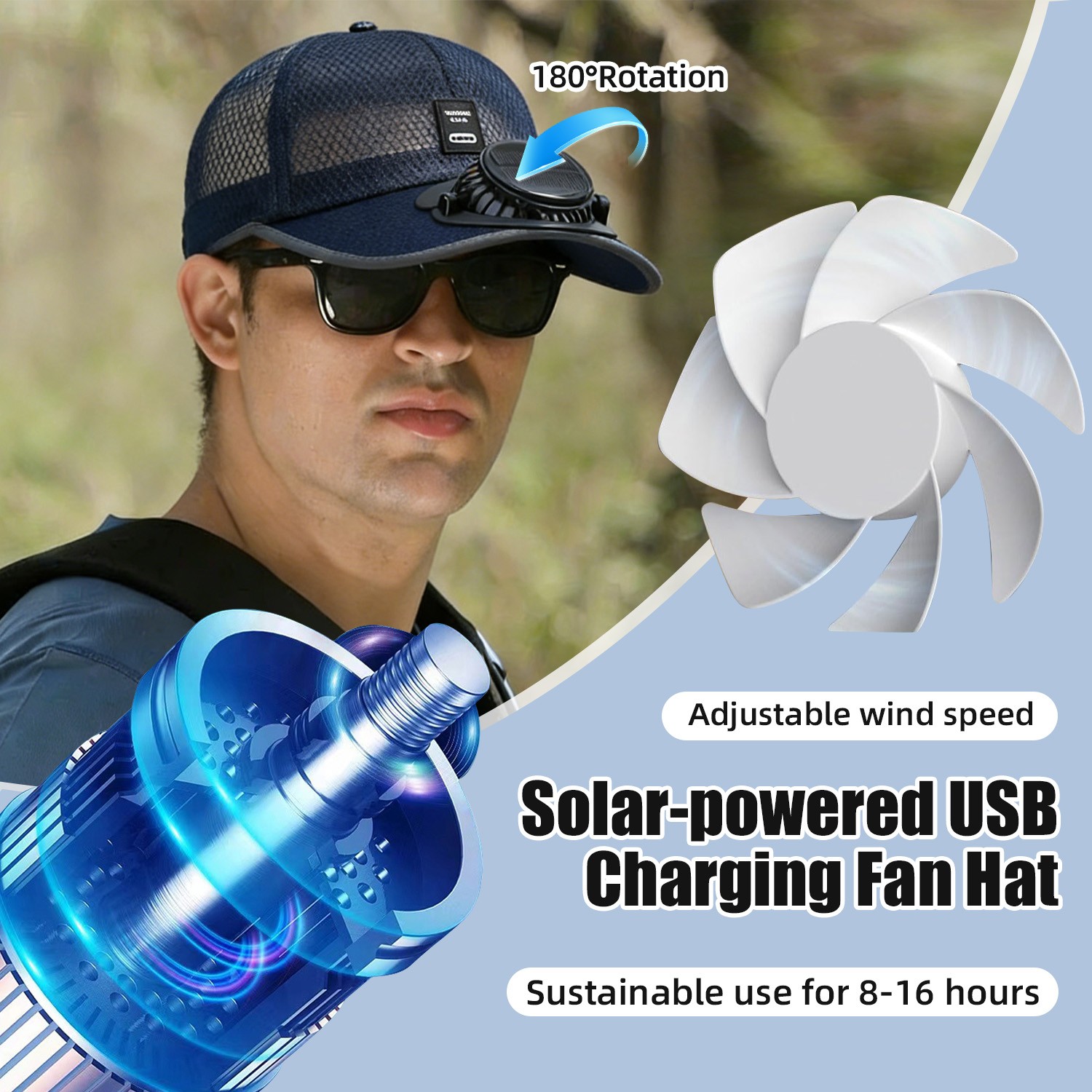 Solar & USB Powered Fan Baseball Hat – 3-Speed Cooling Cap For Outdoor Sports US