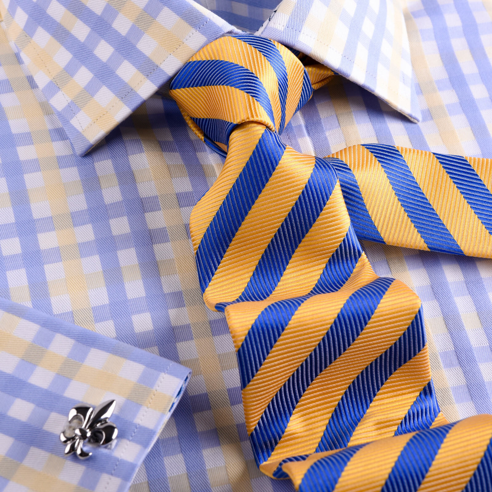 Blue Herringbone Stripe Business Dress Shirt Yellow Luxury Formal Stylish Design