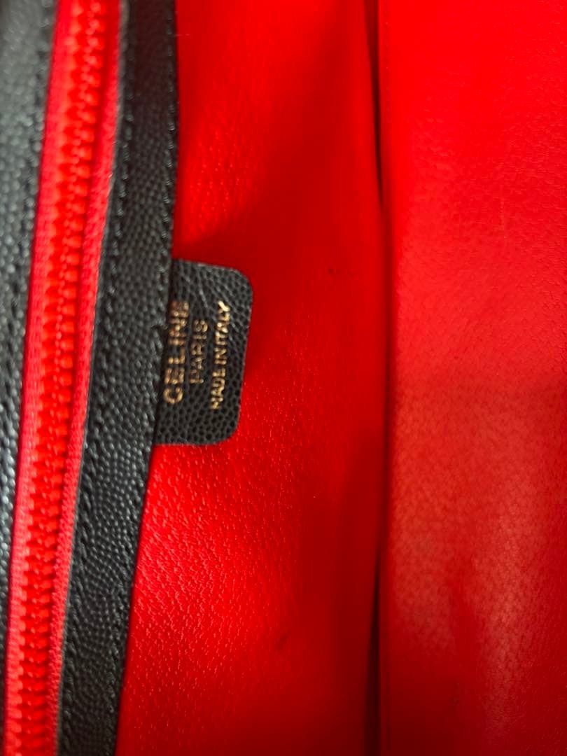 Celine Black Leather Handbag Vintage Gold Hardware Red Lining Auth
