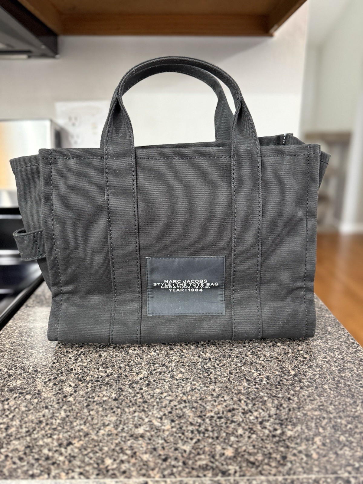 Marc Jacobs The Tote Bag Small Black Zip Top Tote, Detachable Strap, Silver