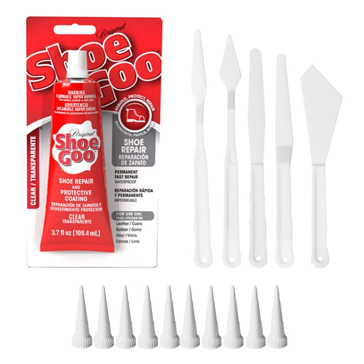 Clear Shoe Repair Adhesive Bundle – 10 Snip Tip Applicators & 5 Spreader Tools