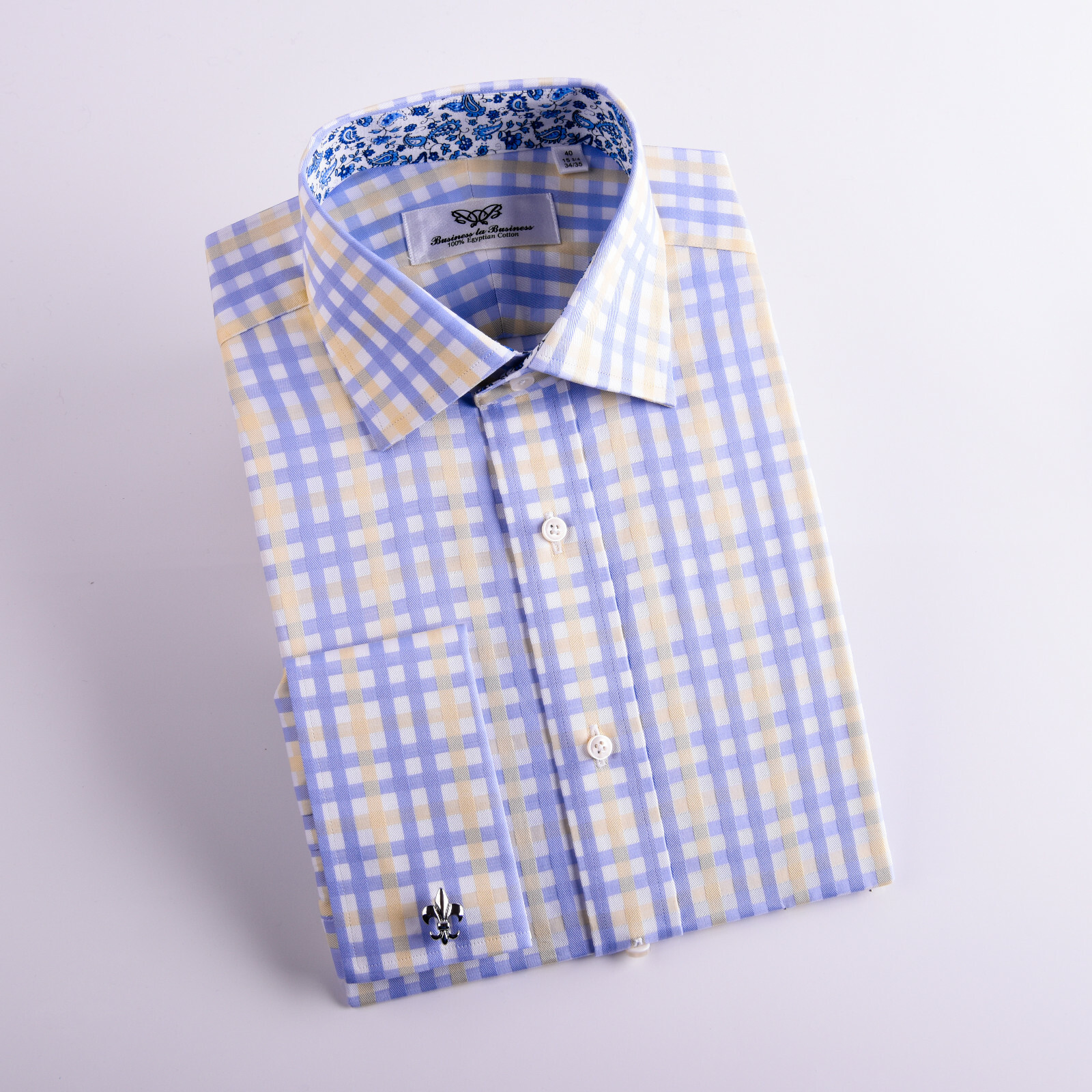 Blue Herringbone Stripe Business Dress Shirt Yellow Luxury Formal Stylish Design