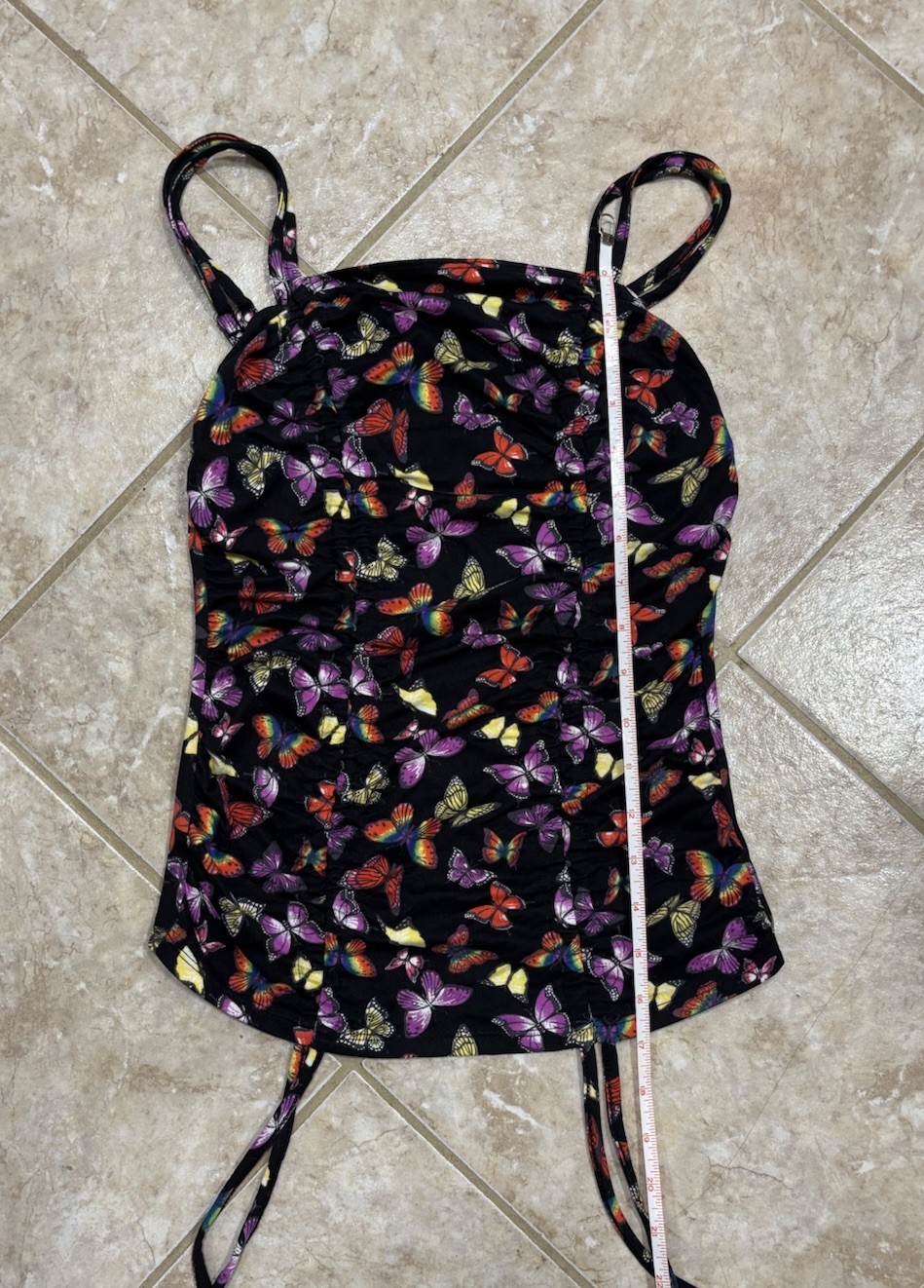Small Black Drawstring Corset Top Butterfly Ruched Front
