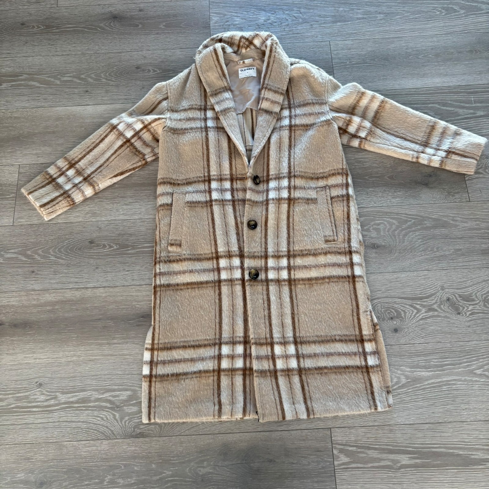 Old Navy Womens Beige White Plaid Button-Front Classic Winter Overcoat Size M