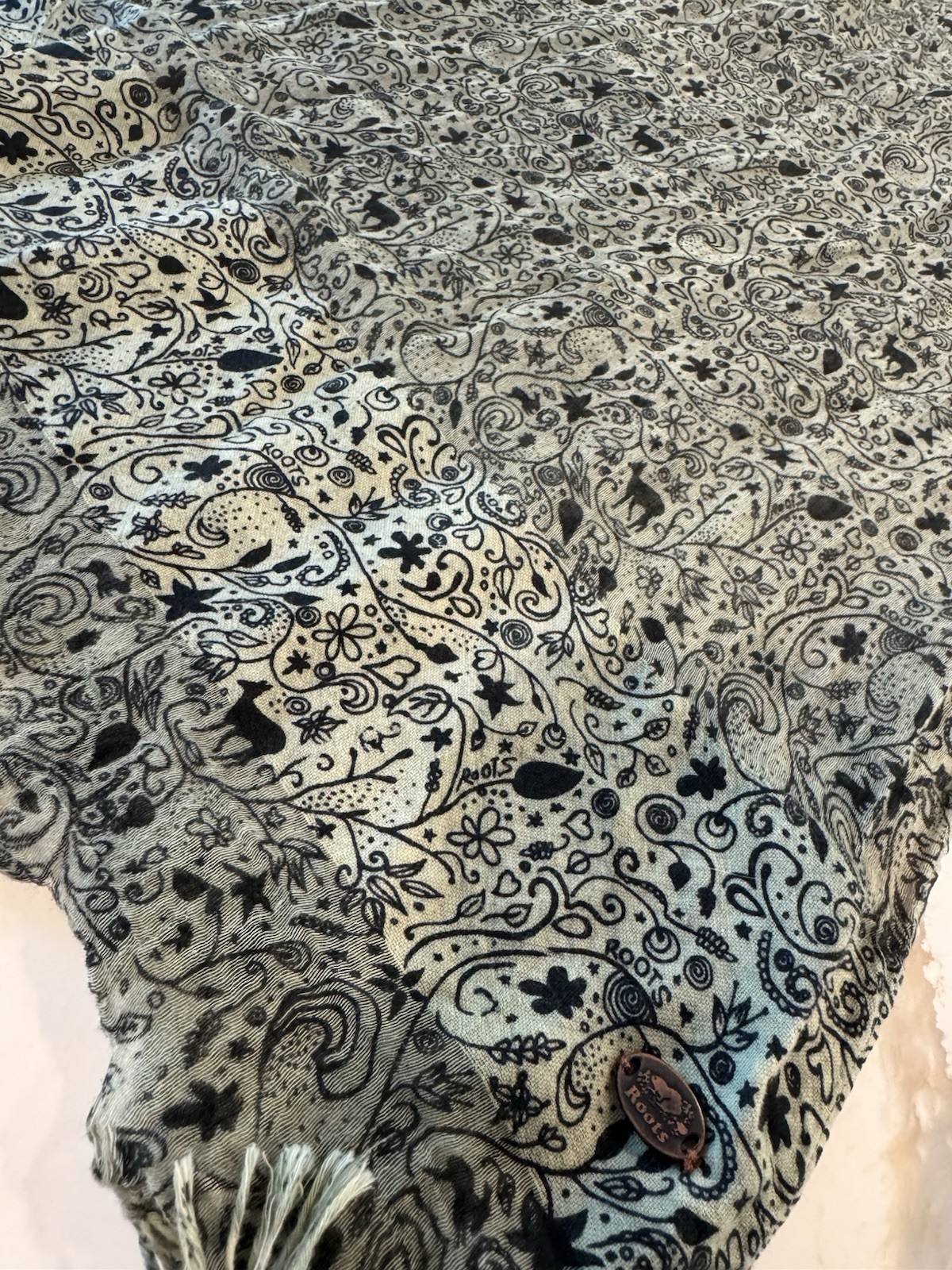 Roots Canada Cotton Silk Woodland Paisley Fringe Scarf Shawl Wrap 70 x 23
