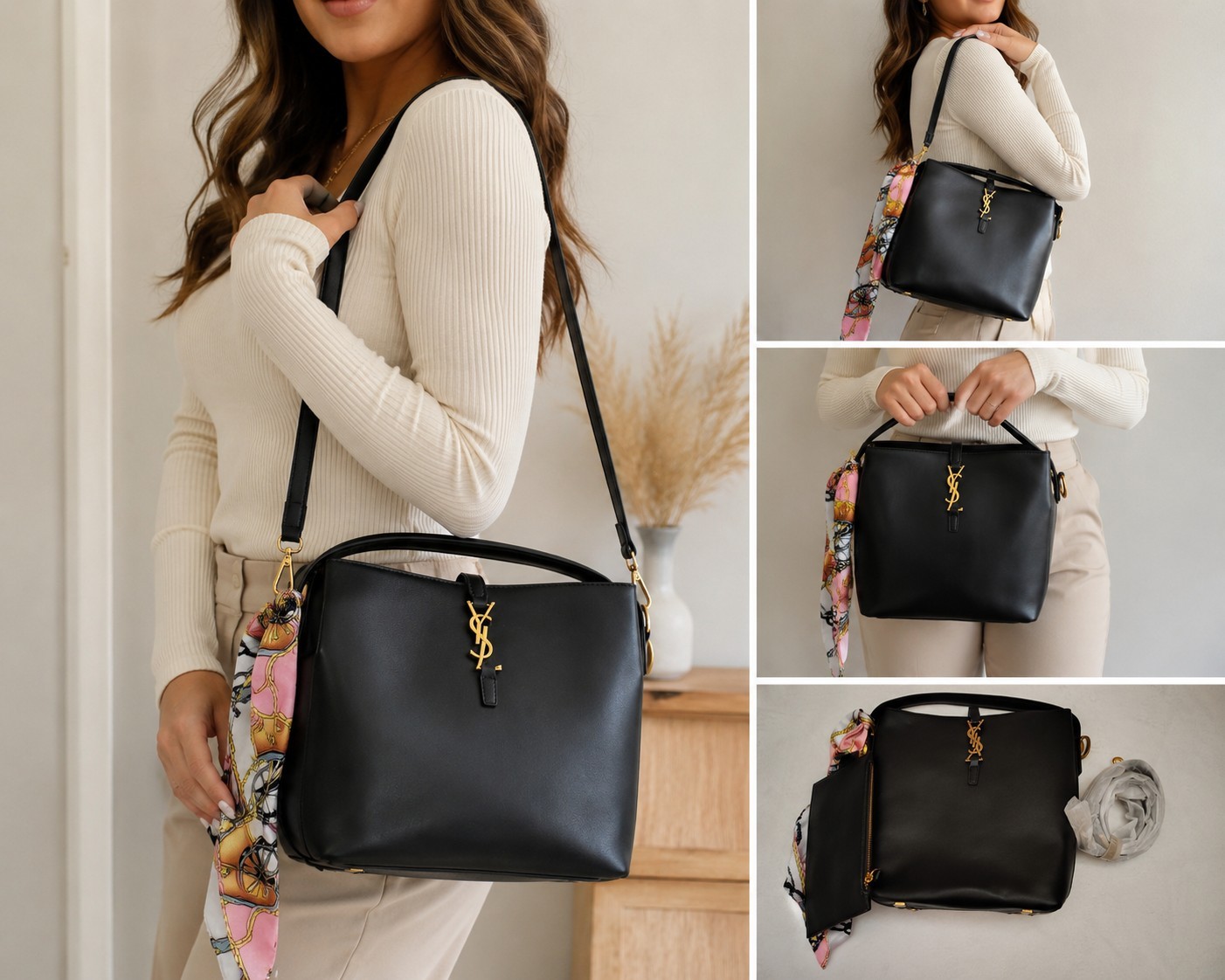 Black Faux Leather Top Handle Satchel Shoulder Bag w/ Scarf Strap & Pouch