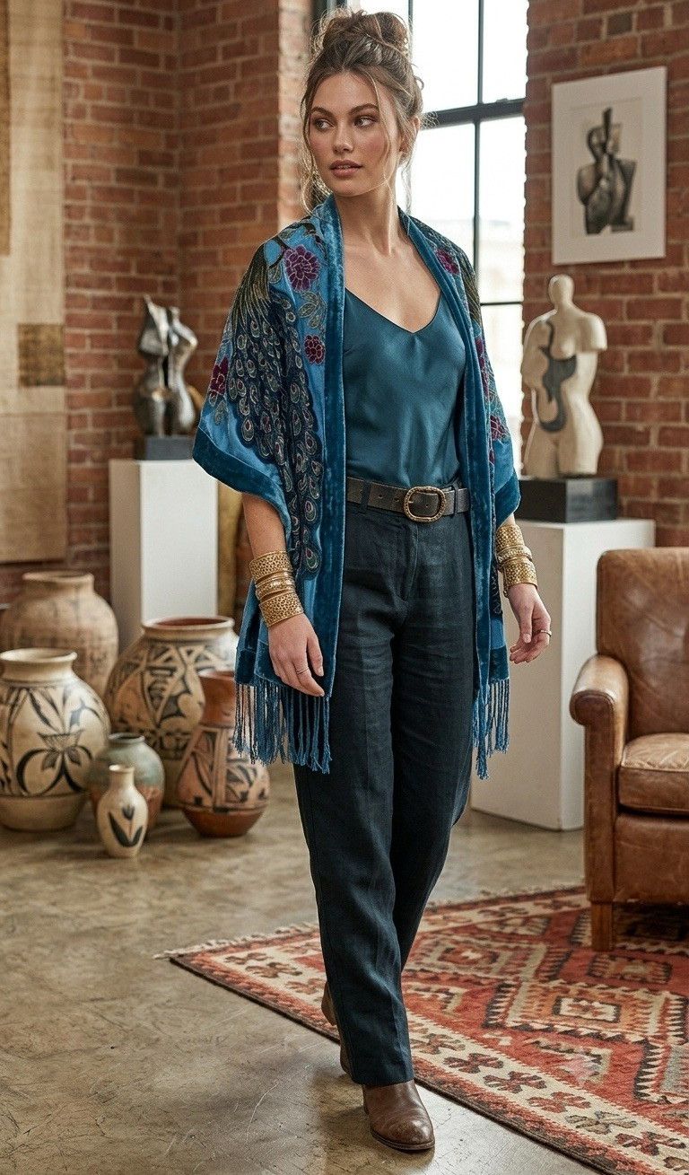 Besarani Loni Oversized Silk Satin Blue Peacock Floral Fringe Rectangle Scarf