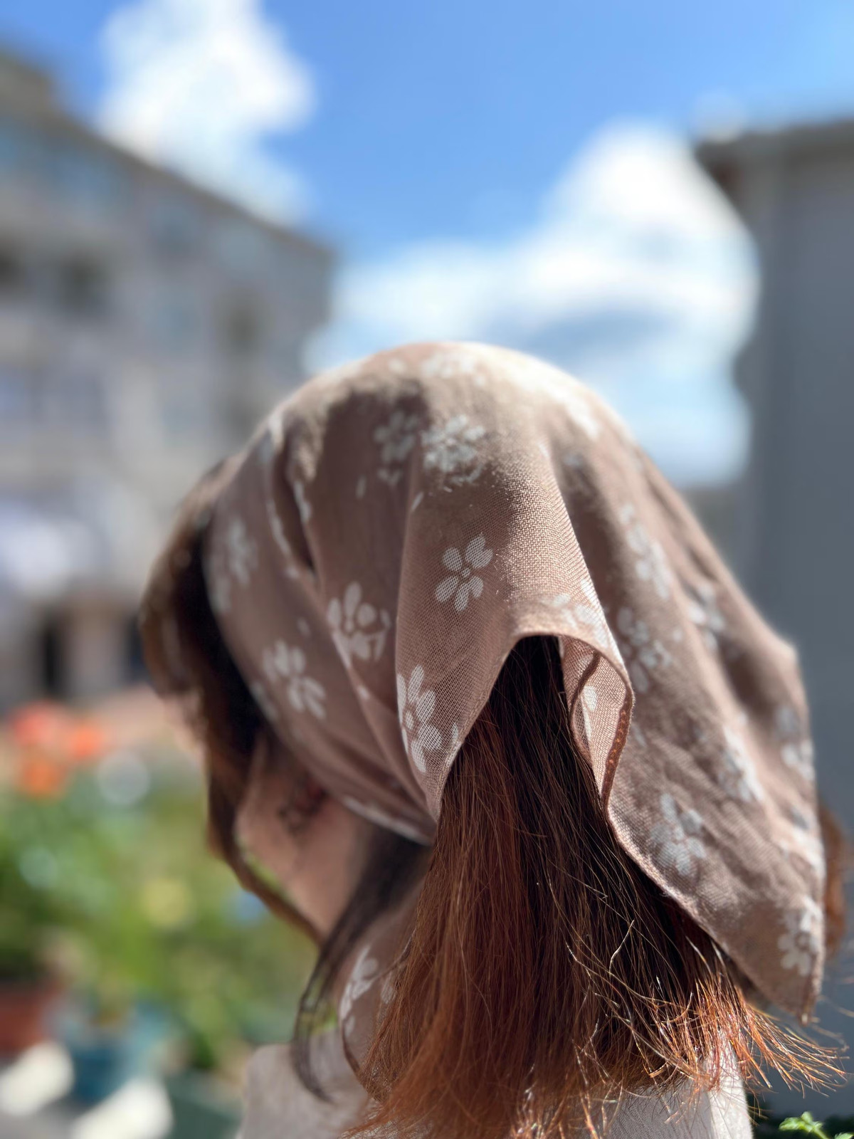 Taupe Floral Bandana Cream Flower Cotton Head Scarf Handmade Unique Boho