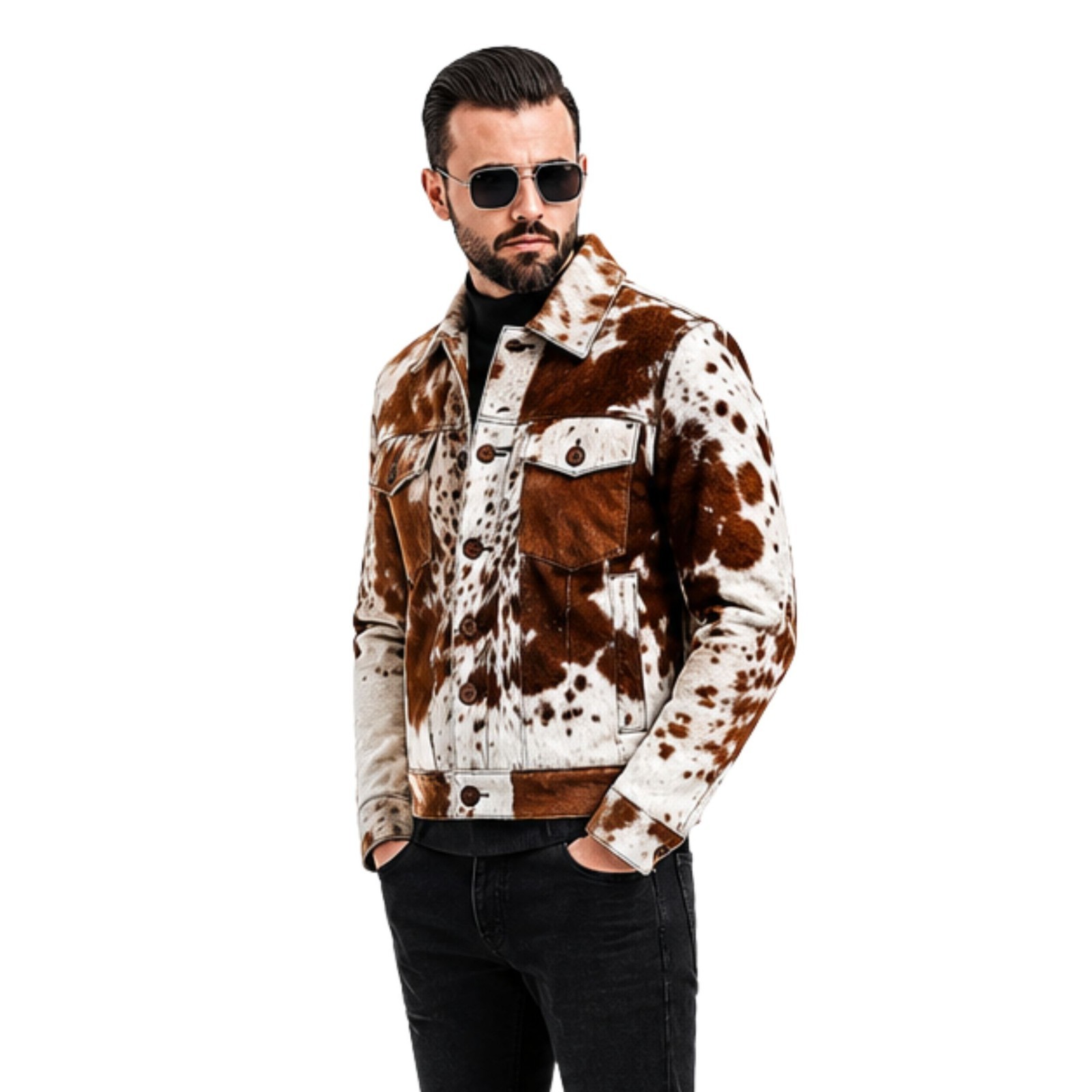 Men’s Cow Print Leather Jacket – Real Hair-On Cowhide, Stylish Pony Skin Western