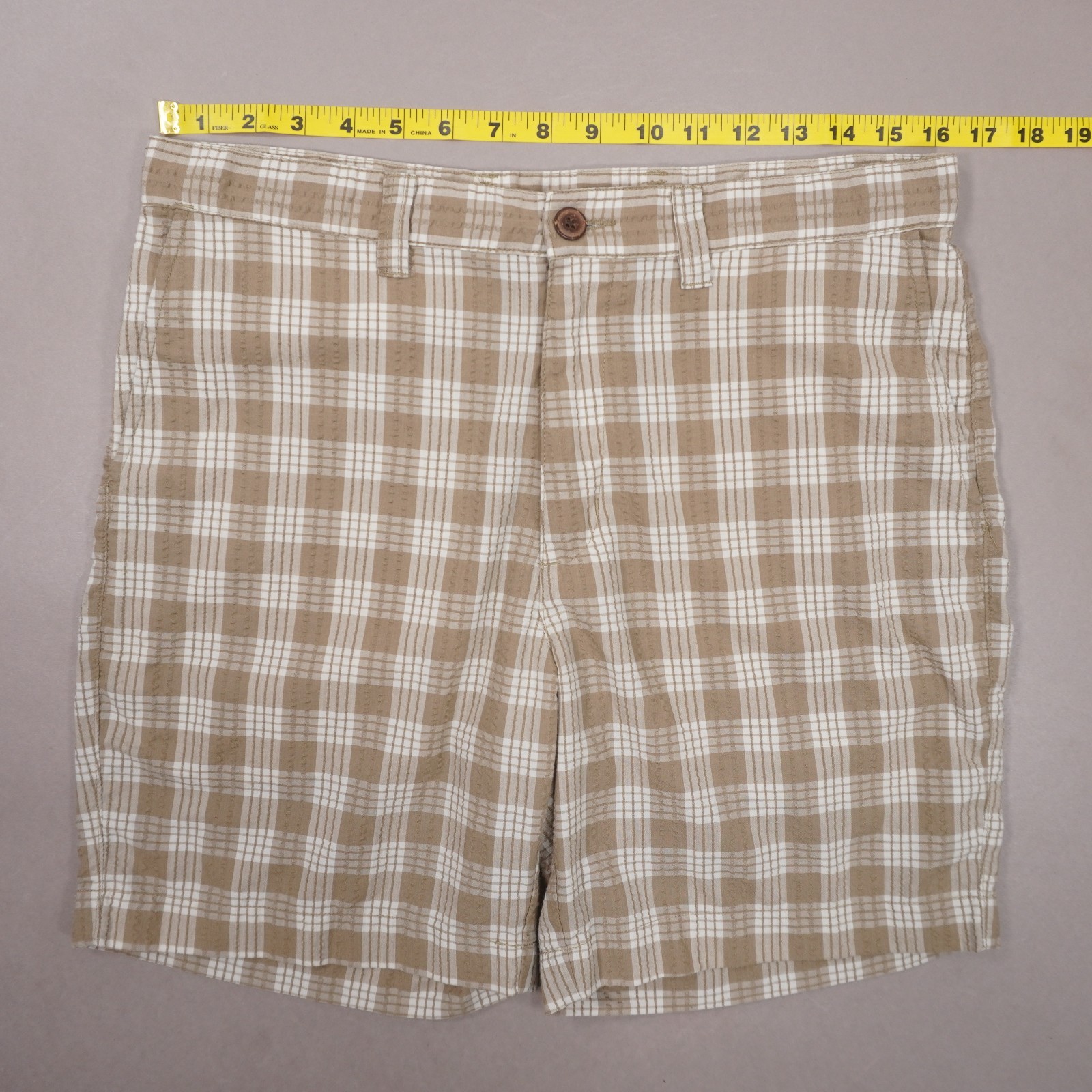 Patagonia Puckerware 8″ Shorts Plaid Mens 32 Beige White Poly Cotton 57780 EUC