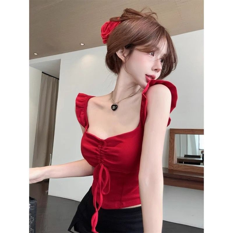 Red Camisole Bishop Sleeves Square Neckline Womens Sleeveless Top
