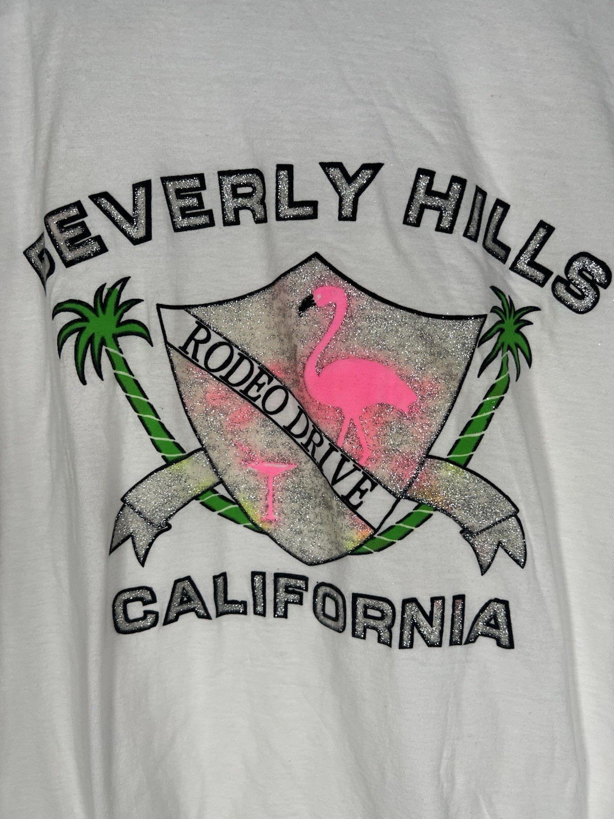 Vintage 80s BYC Beverly Hills Rodeo California white flamingo glitter tshirt L