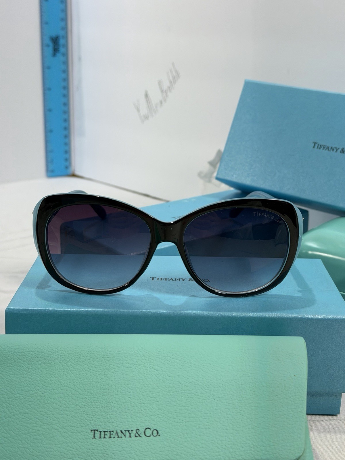 Tiffany & Co – Black and Blue gradient Sunglasses W/Flower TF4048 rare color ￼
