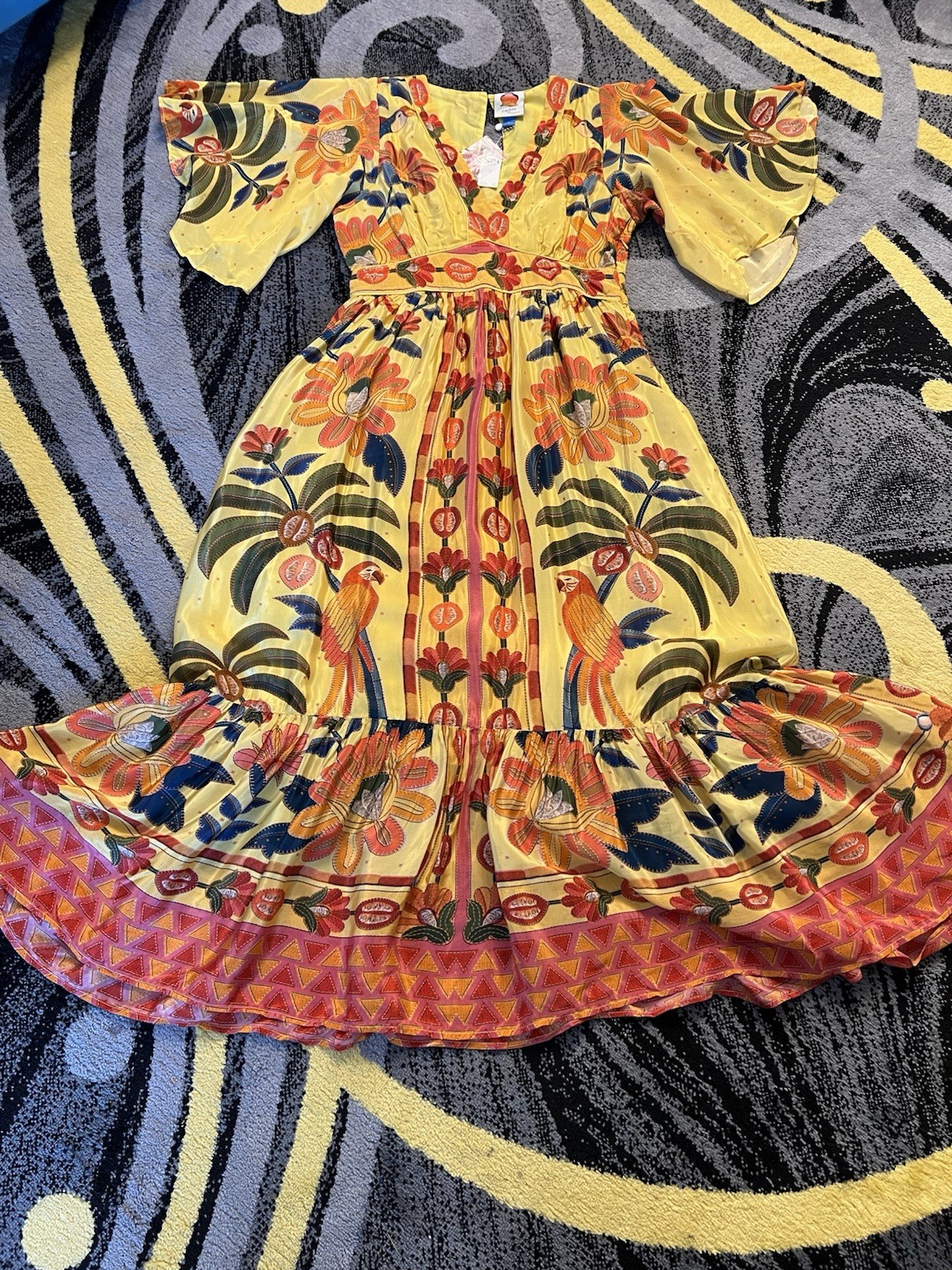 FARM Rio For Anthropologie Yellow Tropical Print Satin Like Fabric Maxi Dress M