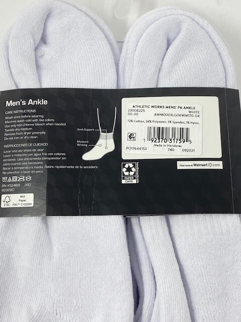 Men’s 6-Pair Athletic Works Ankle Socks Size 6-12, White
