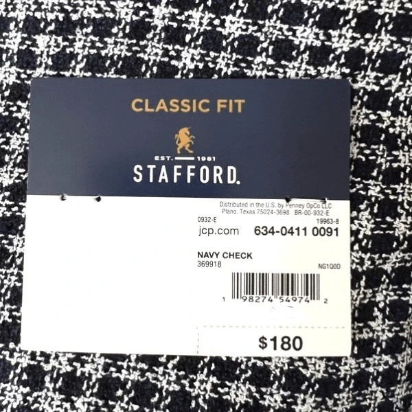 Stafford Mens navy check plaid Sport Coat Suit jacket sizes 44 to 50 S, R, L
