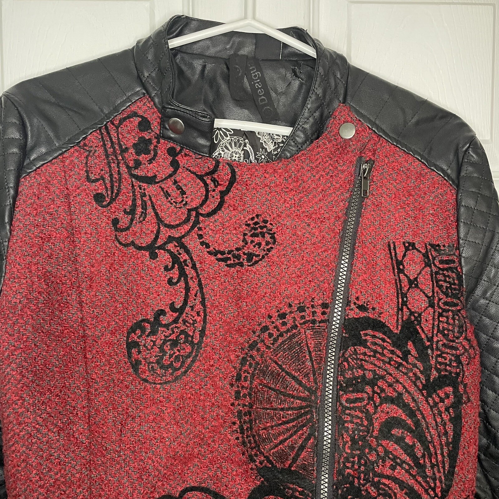 Desigual Wool Blend and Vegan Leather Black and Red Moto Jacket 42