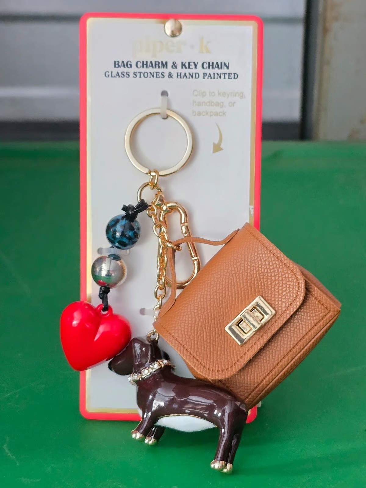 Piper K Glass Stone Hand Painted Dachsund Heart Bag Charm Keychain
