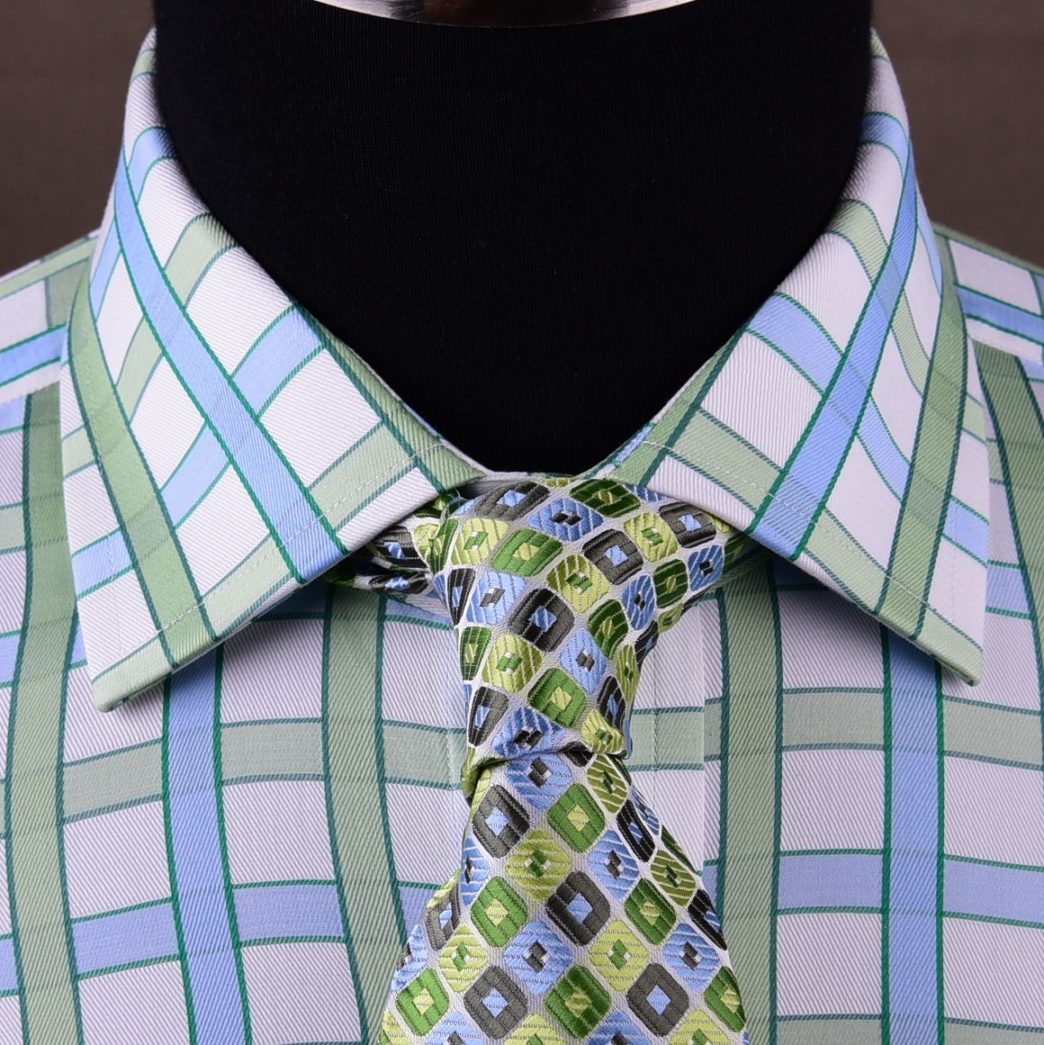 Blue Green Plaids & Checks Formal Business Dress Shirt Short Sleeve Button Down