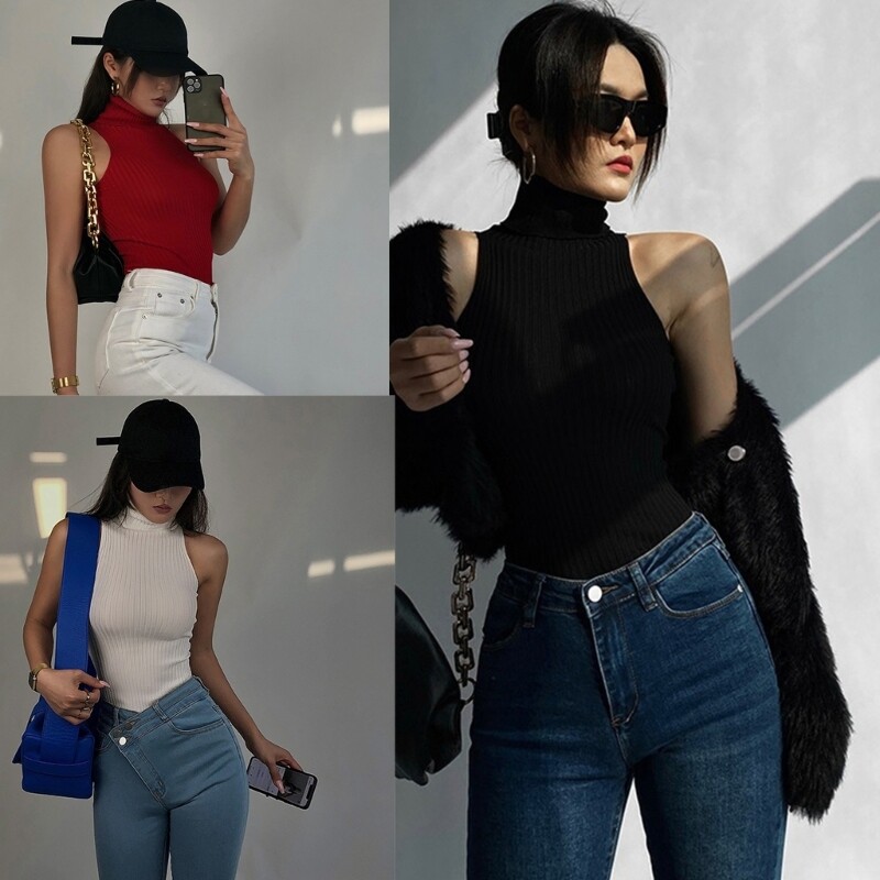 Women Plain Solid Color Sleeveless Crop Top Turtleneck Ribbed Knit Basic Vest