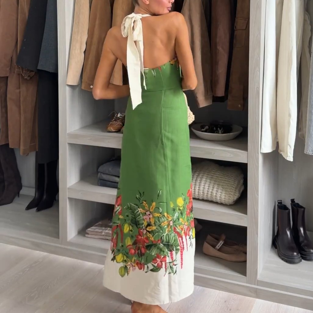 NWT H&M Linen-blend Halterneck Dress Green/flowers 1329753001 Sizes S, M, L