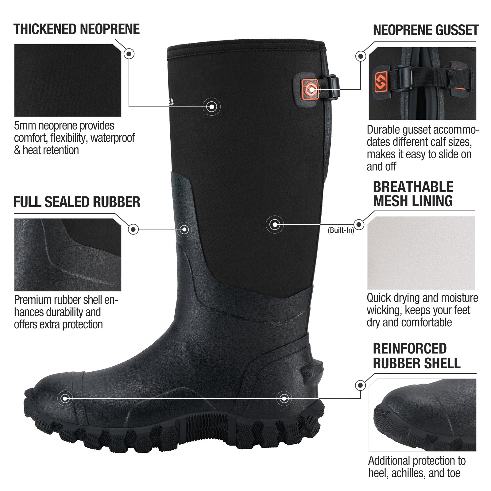 HISEA Men’s Rain Boots Waterproof Insulated Fishing Hunting Farm Mud Work Boots