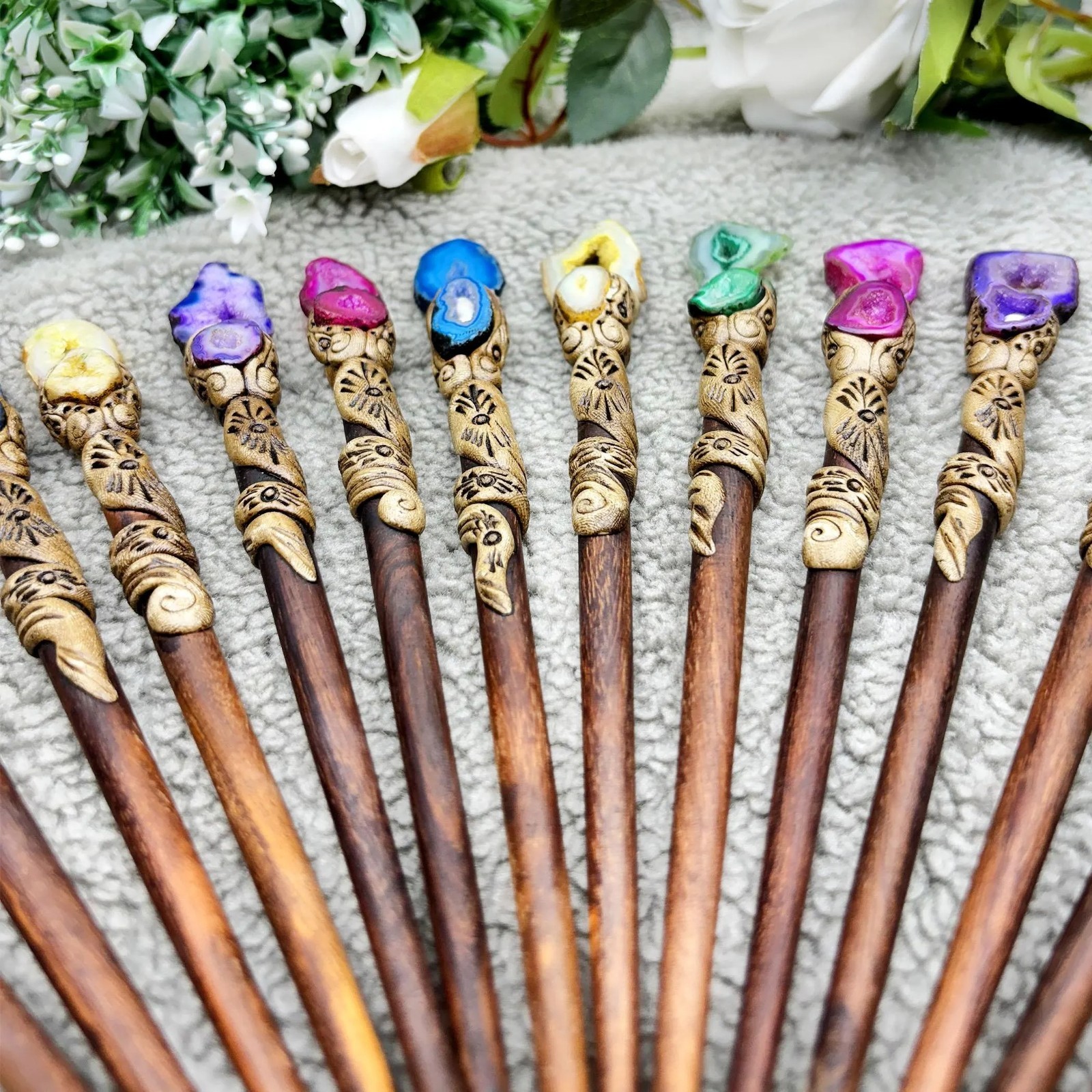 Window Druzy Hair Stick, Agate Slices Stick, Polymer Clay Sticks wholesale lot