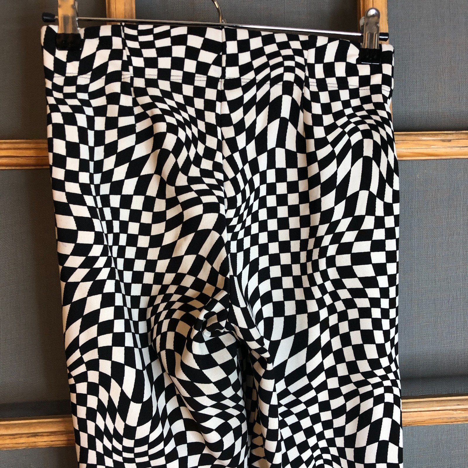 Garage Womens XS Black White Warped Checker Bell Bottom Flare Pants Disco 70s