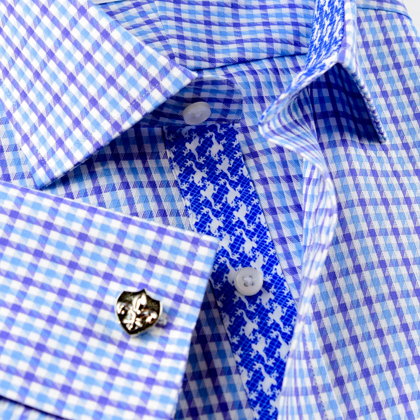 Blue Check Business Dress Shirt Gingham Check Designer Formal Top Fashion Style